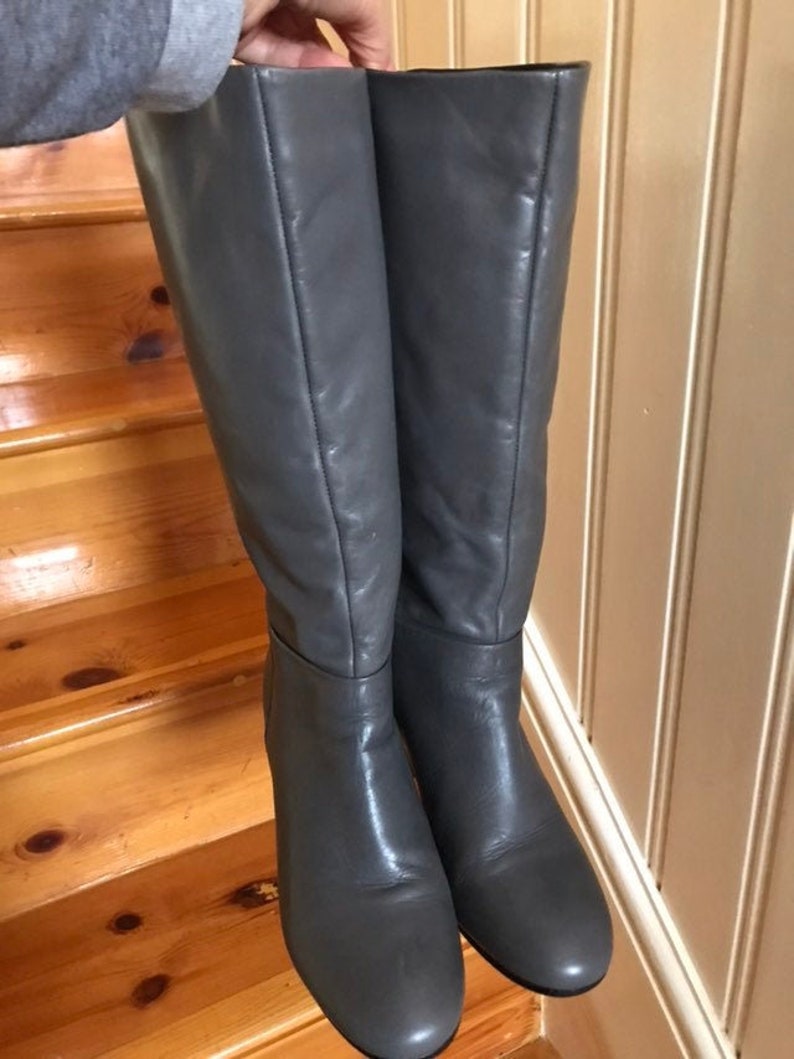 Vintage Retro High Knee Grey Genuine Leather boots booties Slip on Round toe Black Block heel water resistant