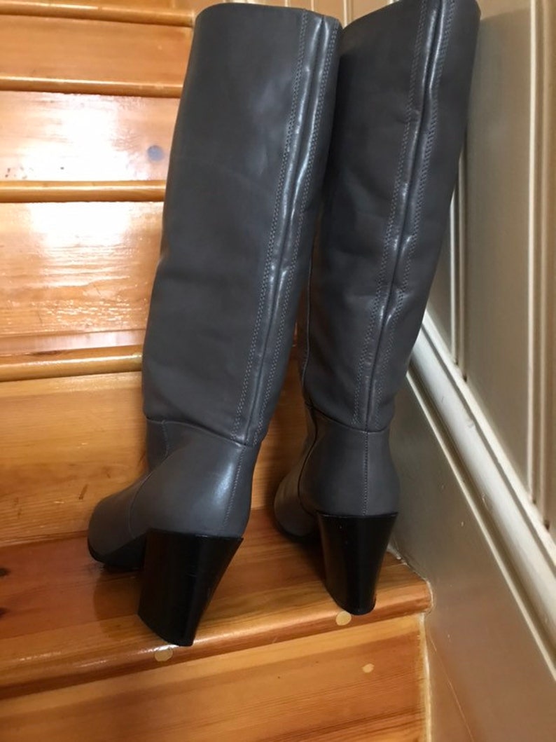Vintage Retro High Knee Grey Genuine Leather boots booties Slip on Round toe Black Block heel water resistant