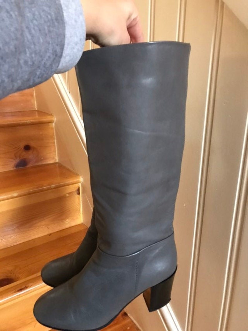 Vintage Retro High Knee Grey Genuine Leather boots booties Slip on Round toe Black Block heel water resistant