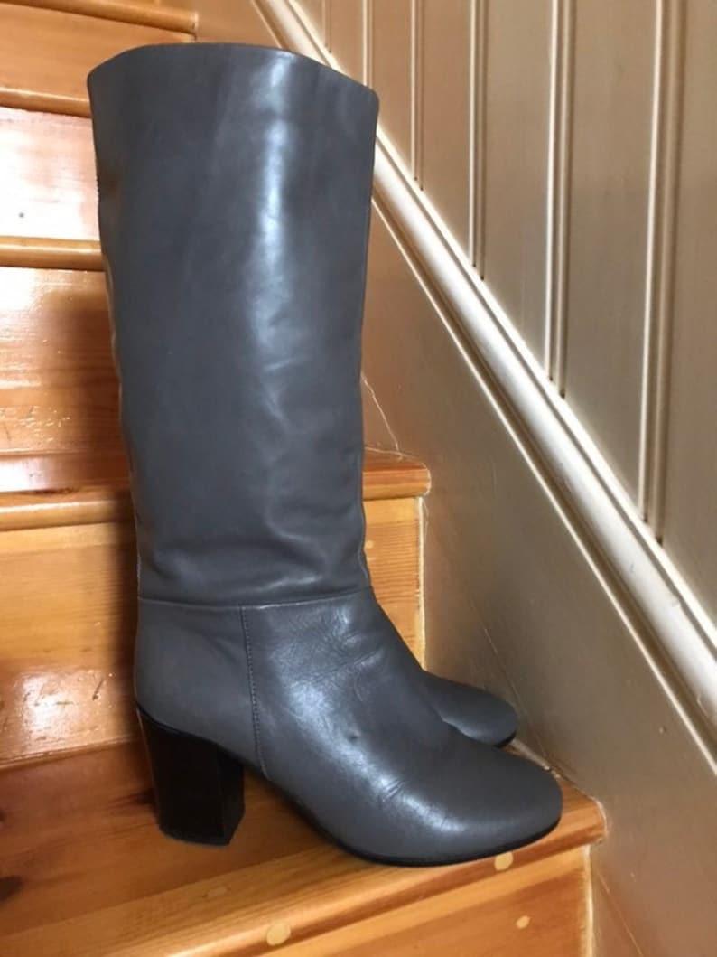 Vintage Retro High Knee Grey Genuine Leather boots booties Slip on Round toe Black Block heel water resistant