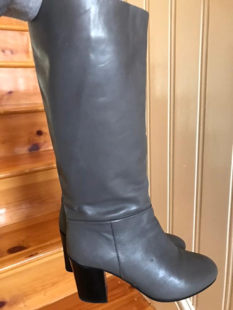 Vintage Retro High Knee Grey Genuine Leather boots booties Slip on Round toe Black Block heel water resistant
