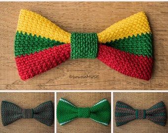 Yellow, green and red "LT" Lithuania tricolor flag, Zalgiris flag or green and brown LT etnographic ornaments bow tie, handmade crocheted