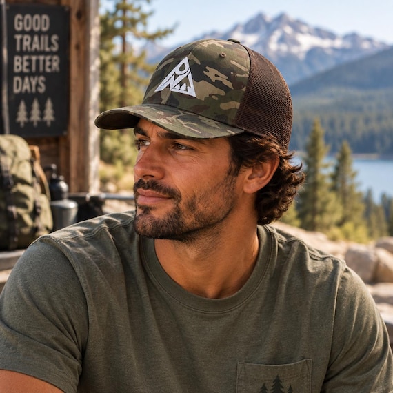 Mountain Trucker Hat | Embroidered Outdoor Hat | Hiking Hat | Adventure Dad Cap | Camo Trucker Hat