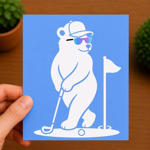 Golf Bear Vinyl Decal | Funny Bear Golfer Sticker | Golf Cart Decal | Holographic Sunglasses | Golf Gift