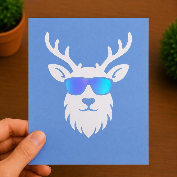 Funny Reindeer Vinyl Decal | Holographic Sunglasses Sticker | Christmas Deer Gift | Holiday Car Decal