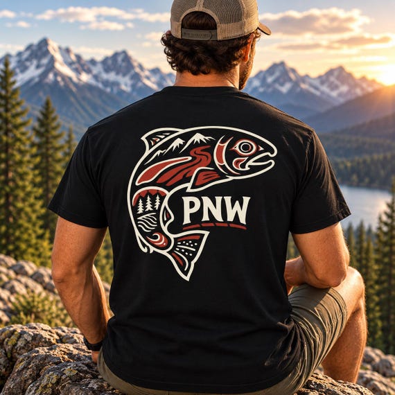 PNW Salmon Comfort Colors Shirt | Pacific Northwest Fishing Tee | Tribal Salmon Graphic T-Shirt