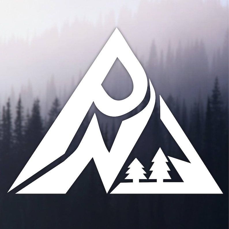 May include: A white graphic logo shaped like a triangle featuring the letters P and N integrated into the design, with two small stylized evergreen trees positioned in the lower right corner of the triangular frame against a blurred forest background.