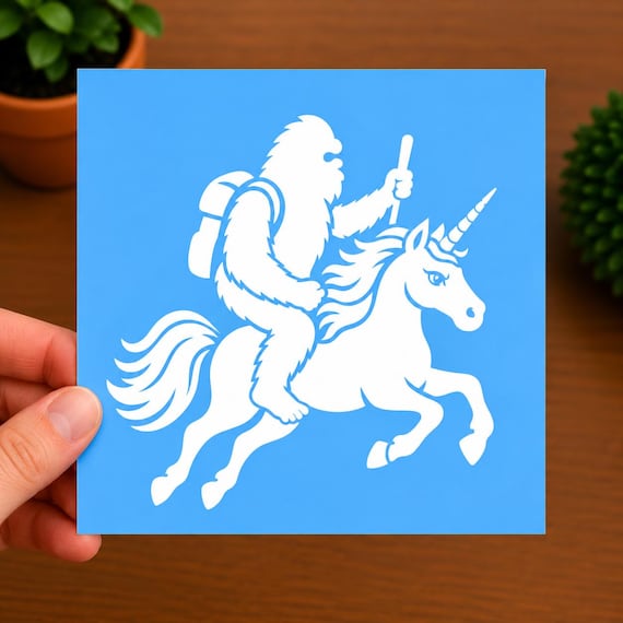 Bigfoot Riding Unicorn Decal | Funny Sasquatch Sticker | Cryptid Gift | Fantasy Vinyl Decal