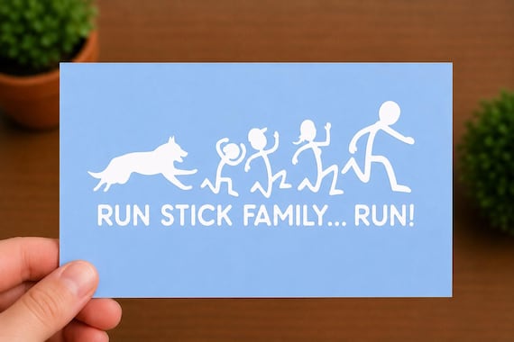 Run Stick Family Vinyl Decal | Funny Dog Chase Sticker | Stick Figure Family Decal | Funny Car Window Sticker
