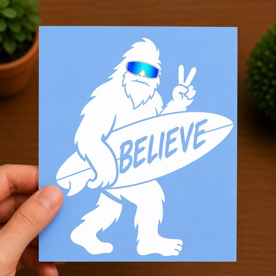 Holographic Bigfoot Vinyl Decal | Surfing Sasquatch Sticker | Beach Car Window Decal | Funny Bigfoot Gift