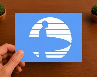 Vinilo decorativo de surfista al atardecer / Pegatina de surf / Vinilo decorativo para ventana de coche con temática playera / Vinilo decorativo para portátil o botella de agua con olas del océano / Regalo costero