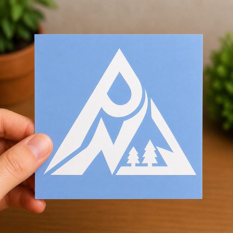 May include: A square light blue sticker featuring a white graphic design of a stylized triangle. The design incorporates the letters PN and two small evergreen trees at the base, creating a mountain-like shape with clean, bold white lines.