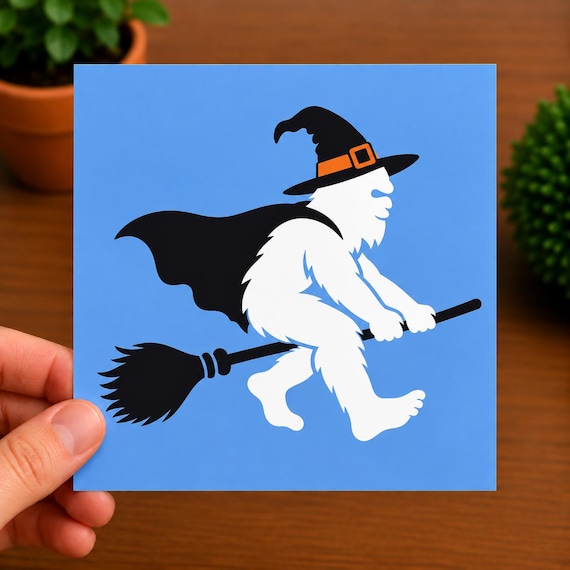 Witch Bigfoot Decal | Halloween Sasquatch Sticker | Bigfoot on Broom | Spooky Cryptid Vinyl Decal