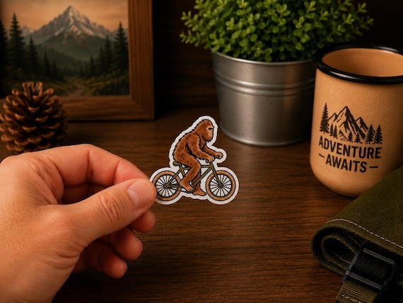 Bigfoot Biking Sticker | Sasquatch Bicycle Decal | Mountain Bike Bigfoot Sticker | Cryptid Cyclist Gift