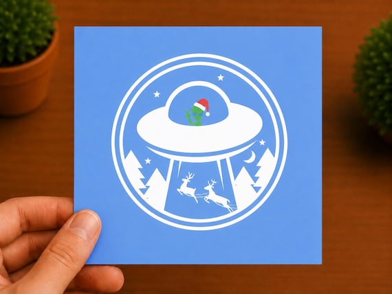 Christmas UFO Decal | Funny Alien Santa Vinyl Sticker | Reindeer Abduction Holiday Car Window Decal