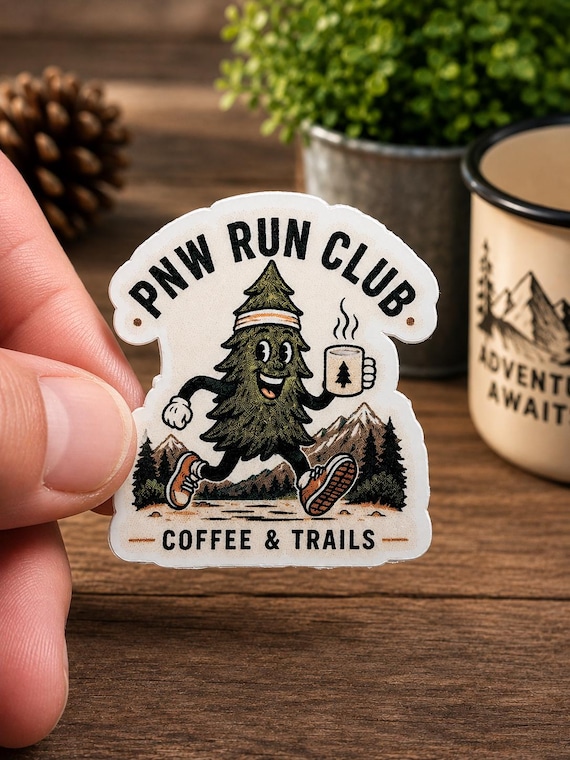 PNW Run Club Sticker | Trail Running Sticker | Pacific Northwest Runner Decal | Coffee & Trails Hiking Sticker | Running Gift