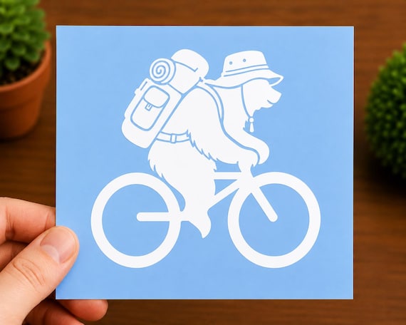 Bear Riding Bicycle Vinyl Decal | Bikepacking Bear Vinyl Sticker | Camping Bear Bike Decal | Mountain Bike Adventure Outdoor Gift