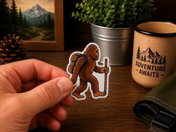 Bigfoot Hiking Sticker | Sasquatch Hiker Decal | Backpacking Bigfoot Sticker | Cryptid Camping Gift