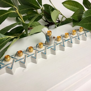 Porcelain Menorah, with a Blue Bird