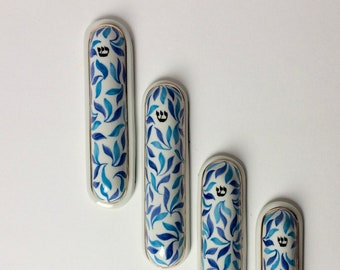 Porcelain Mezuzah case, handpainted with blue and gold