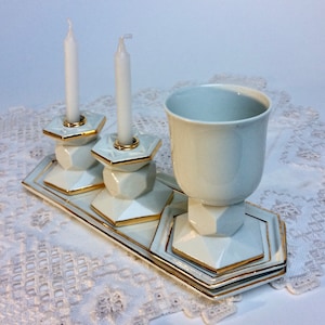 Shabbat Kiddush Set in White and Gold Elegant Hexagonal Porcelain