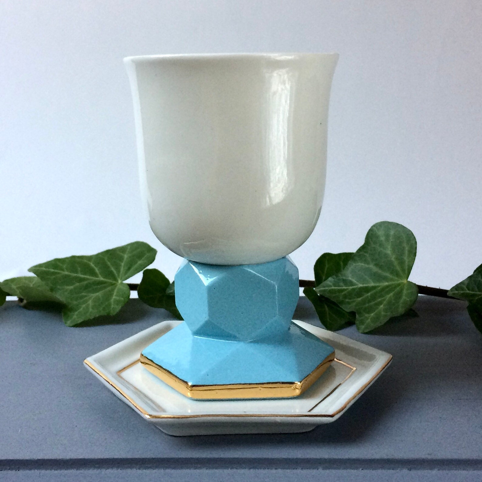 Porcelain Kiddush cup with coaster white skyblue and gold Etsy