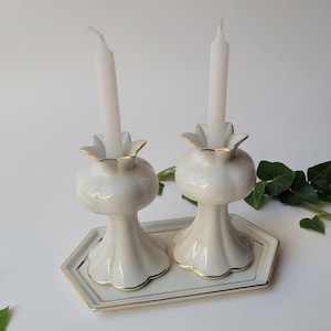 Modern Shabbat candlesticks with tray, handcrafted porcelain