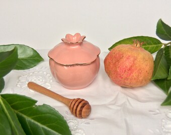 Porcelain honey pot with dipper and coaster for Rosh Hashanah