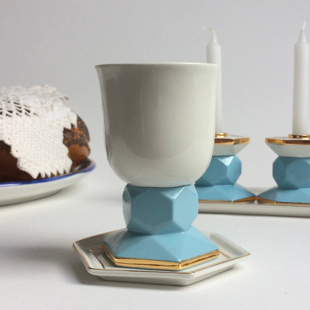 Porcelain Kiddush Cup With Coaster White Skyblue and Gold Etsy