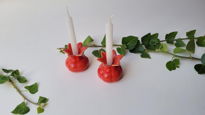Pair of Shabbat Candlesticks, Pomegranate-themed