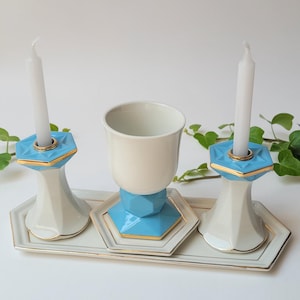Porcelain modern Shabbat set, white, blue and gold