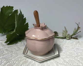 Porcelain honey pot with dipper and coaster for Rosh Hashanah