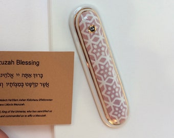 Porcelain Mezuzah Case - Motifs from the Rumbach Synagogue building, with adhesive tape