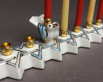 Porcelain hanukia, handpainted Bluebirds Hanukiya from smallscale production
