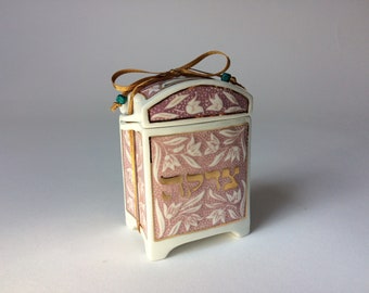 Tzedakah box, pink, handmade porcelain