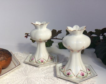 Handpainted Shabbat porcelain candlesticks on a tray