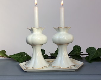 Modern Shabbat candlesticks with tray, handcrafted porcelain