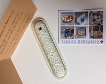 Mezuzah case- handmade ceramic,  motifs from the Rumbach Synagogue building, outdoor self-stick tape