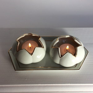 Shabbat tealight pair on porcelain tray, white and gold image 7