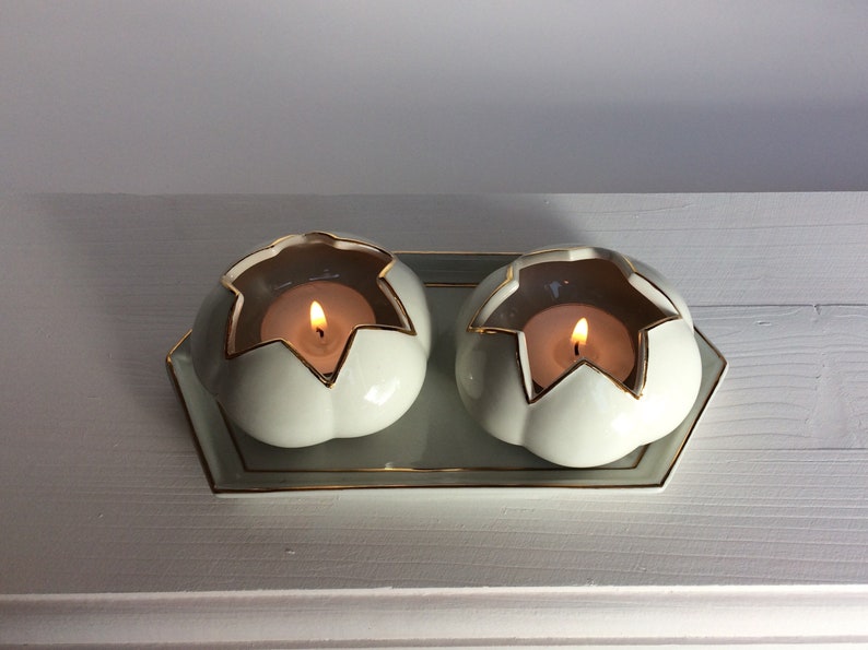 Shabbat tealight pair on porcelain tray, white and gold image 7