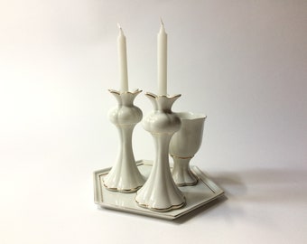 Modern Shabbath porcelain set: rimon candlesticks and kiddush cup on a tray, handcrafted porcelain