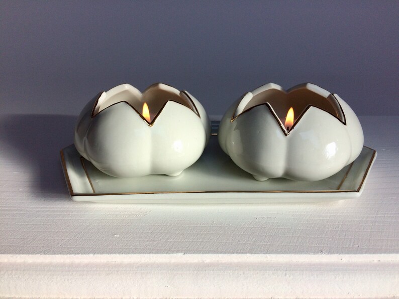 Shabbat tealight pair on porcelain tray, white and gold image 6