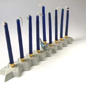 Porcelain Menorah, with a bird, handmade, handpainted