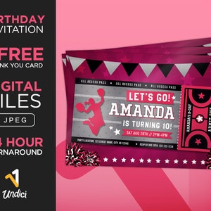 Birthday Invitation with Free Thank You Card. CUSTOM DIGITAL FILES. Pink Cheerleader Invite. Sports Athletic Birthday Party. Girl Invitation