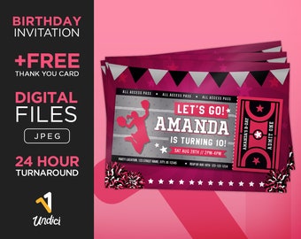 Birthday Invitation with Free Thank You Card. CUSTOM DIGITAL FILES. Pink Cheerleader Invite. Sports Athletic Birthday Party. Girl Invitation