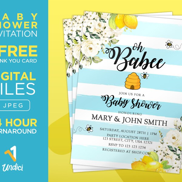 Baby Shower Invitation with Free Thank You Card. CUSTOM DIGITAL FILES. Cute Blue Babee Shower Invite. Blue Bee Shower. Bees and Honey Theme.