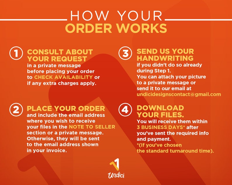 May include: A four-step guide on how to place an order for custom handwriting. The steps are: Consult about your request, Place your order, Send us your handwriting, and Download your files. The guide includes an email address for contacting the seller.