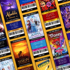 May include: A collection of colorful party invitations featuring popular movie characters like Aladdin, Elsa, Anna, and the Avengers. Each invitation is designed as a ticket with a movie-themed background and text that says "You are invited!" and includes the child's name, age, and party details.