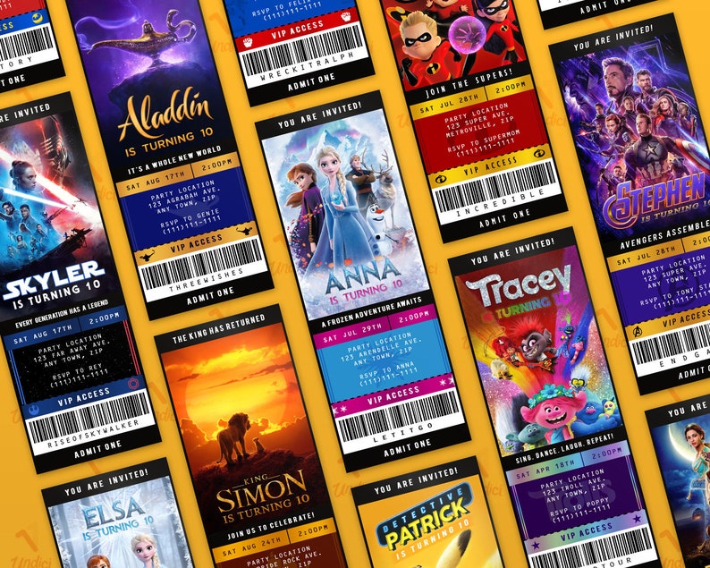 May include: A collection of colorful party invitations featuring popular movie characters like Aladdin, Elsa, Anna, and the Avengers. Each invitation is designed as a ticket with a movie-themed background and text that says "You are invited!" and includes the child's name, age, and party details.