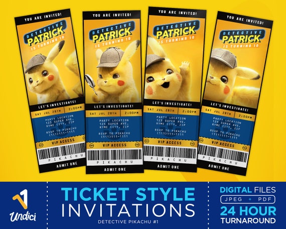 Detective Pikachu Invitation Detective Pikachu Movie Ticket Pokémon Ticket Themed Invites Cute Pikachu Birthday Party Digital Download